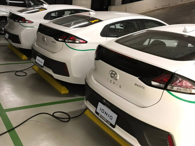 Hyundai IONIQ electric vehicles being charged in a car park