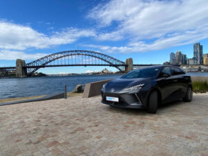 MG4 electric on Sydney harbour