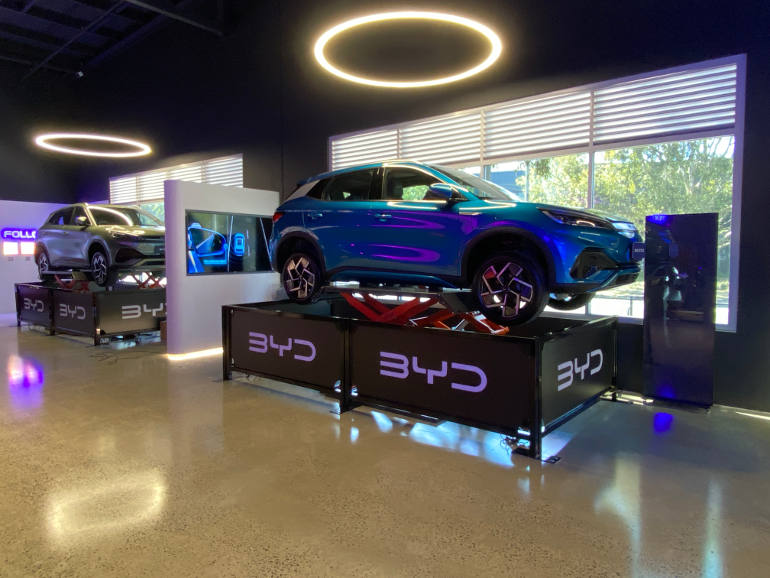 BYD Experience centre launch in alexandria Sydney megastore car on hoist