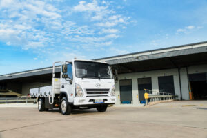 Hyundai MIGHTY Electric truck outside warehouse