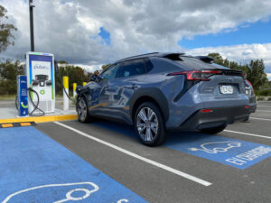 Subaru Solterra electric car at BP charging station