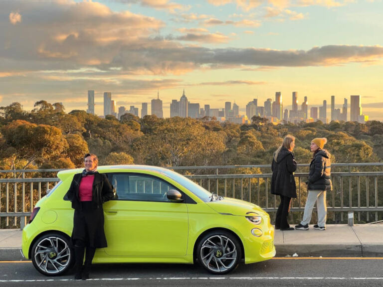 Fiat Abarth 500e Melbourne skyline Andrea